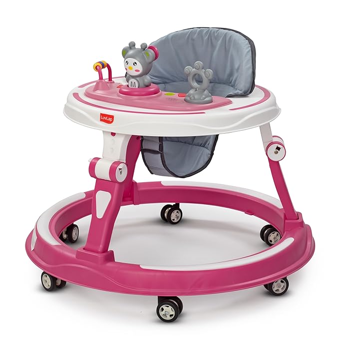 LuvLap 360° Joy Baby Walkers for 6-18 Months | 3 Level Height Adjustment Walker with Switchable Food & Musical Toy Tray/Advanced Baby Activity Walker for Kids, Walker for Boys & Girls, Pink